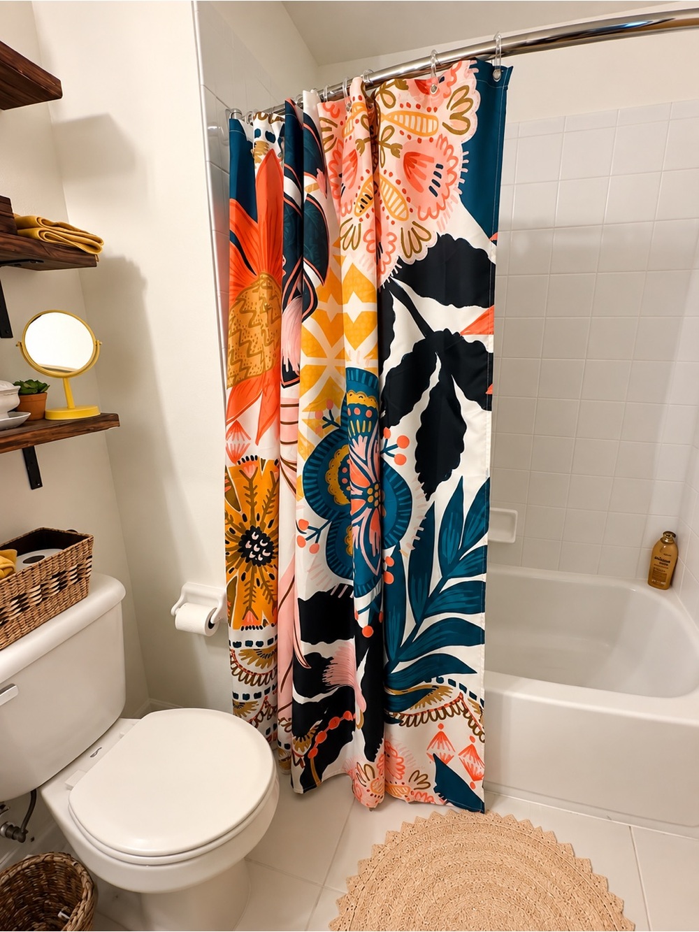 🌸 Boho Floral Fabric Shower Curtain - Vibrant Teal & Orange Multi-Color